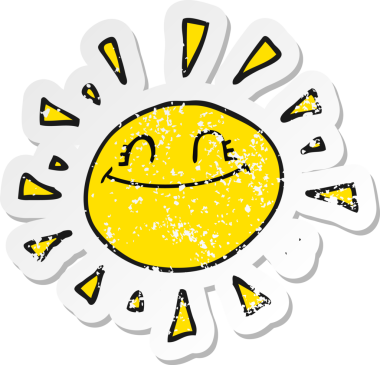 Bir insan tarafından çizilmiş mutlu bir karikatür güneşinin gerilmiş yapıştırması.