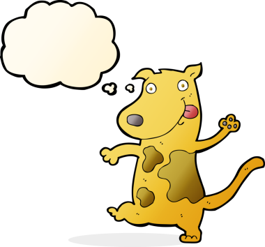 Bir insan tarafından çizilmiş düşünce balonlu mutlu bir köpek.