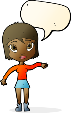 Bir insan tarafından çizilmiş konuşma baloncuğuyla el sallayan çizgi film kadını.