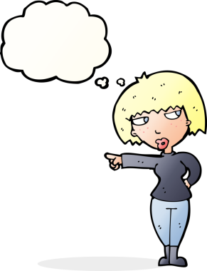 Bir insan tarafından çizilmiş düşünce baloncuğuyla işaret eden rahatsız kadın çizgi filmi.