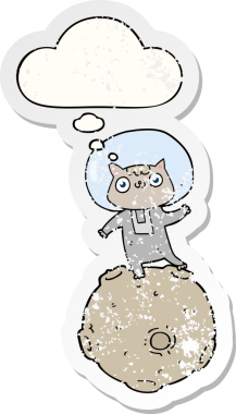 Düşünce baloncuğu olan sevimli astronot kedisi bir insan tarafından çizilmiş yıpranmış bir çıkartma.