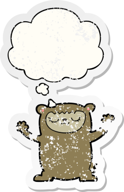 Düşünce baloncuğu olan sevimli çizgi film ayısı bir insan tarafından çizilmiş yıpranmış bir çıkartma gibi.