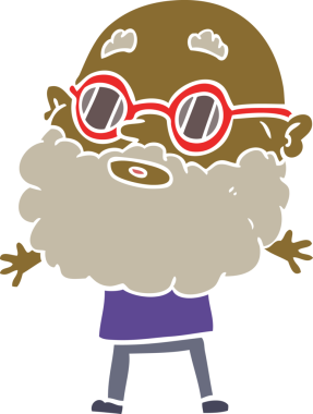 Düz renkli çizgi film meraklısı sakallı ve güneş gözlüklü bir insan tarafından çizilmiş.