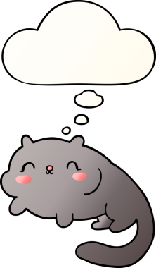 Bir insan tarafından çizilmiş yumuşak eğimli düşünce baloncuklu çizgi film kedisi.