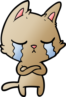 Bir insan tarafından çizilmiş kolları katlanmış ağlayan çizgi film kedisi.