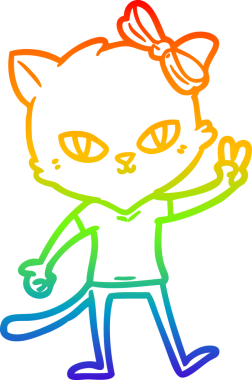 Gökkuşağı gradyan çizgi çizimi bir insan tarafından çizilmiş barış işareti veren tatlı bir kedi kız.