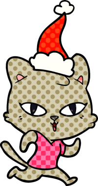 Bir insan tarafından çizilmiş Noel Baba şapkası giyen bir kedinin el çizimi çizgi roman tasviri.