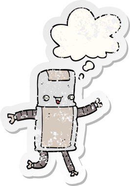 Düşünce baloncuğu olan karikatür robotu bir insan tarafından çizilmiş yıpranmış bir çıkartma.