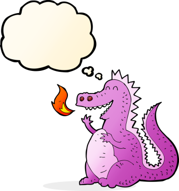 Bir insan tarafından çizilmiş düşünce balonlu ateş püskürten ejderha.