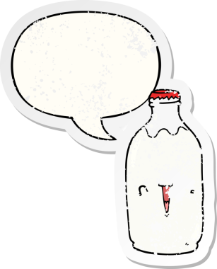 Tatlı çizgi film süt şişesi konuşma baloncuğu bir insan tarafından çizilmiş sıkıntılı eski bir çıkartma