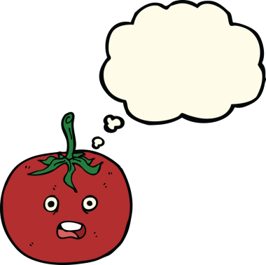 Bir insan tarafından çizilmiş düşünce baloncuklu domates.