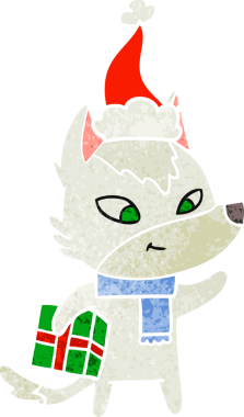 Bir insan tarafından çizilmiş Noel Baba şapkası giymiş eski bir kurt resmi.