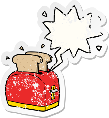 Ekmeği konuşma balonuyla kızartan çizgi film tost makinesi bir insan tarafından çizilmiş sıkıntılı eski bir çıkartma