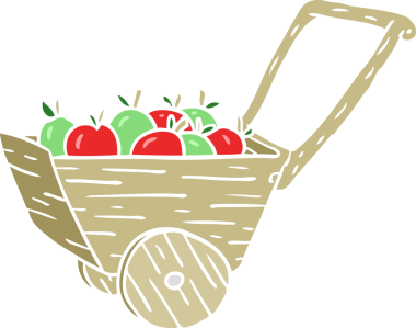 Bir insan tarafından çizilmiş düz renkli elma arabası.