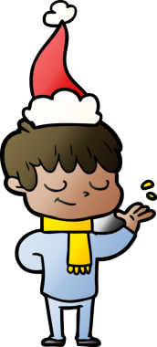 Bir insan tarafından çizilmiş Noel Baba şapkası giyen mutlu bir çocuğun el çizimi karikatürü.