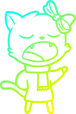 Bir insan tarafından çizilmiş kışlık giysiler içindeki çizgi film kedisi çizimi.