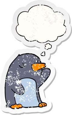 Düşünce baloncuğu olan karikatür pengueni insan tarafından çizilmiş yıpranmış bir çıkartma.