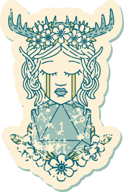 Retro Dövme Tarzı Ağlayan Elf Druid karakteri suratı Bir insan tarafından çizilmiş doğal bir D20 ruloyla