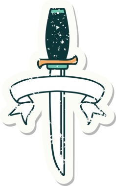 Bir insan tarafından çizilmiş bir hançerin bayrağı olan eski bir etiket.