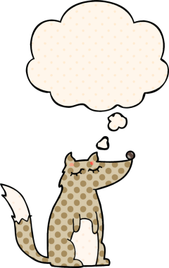 Çizgi roman tarzında bir insan tarafından çizilmiş düşünce kabarcığı olan çizgi film kurdu.