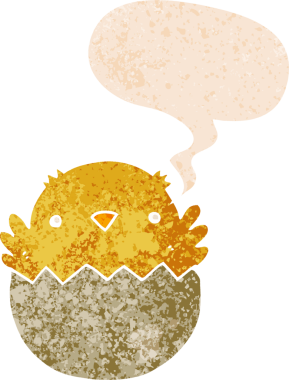 Yumurtadan çıkan karikatür yavrusu grunge 'da konuşma baloncuğuyla bir insan tarafından çizilmiş kederli retro-dokuma tarzı