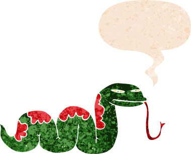 Bir insan tarafından çizilmiş grunge sıkıntılı retro desenli konuşma baloncuklu sürüngen yılan çizgi film