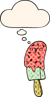 Bir insan tarafından çizilmiş çizgi roman tarzındaki düşünce baloncuklu buz lolipopu.