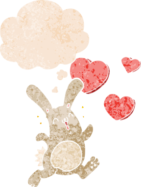 Düşünce baloncuğuna aşık çizgi film tavşanı bir insan tarafından çizilmiş dertli retro tarzı