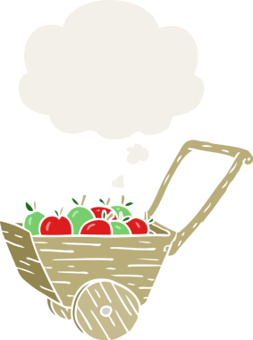 insan tarafından çizilmiş düşünce baloncuklu çizgi film elma arabası.