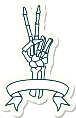 Bir insan tarafından çizilmiş barış işareti veren iskelet dövmesi stili çıkartma.