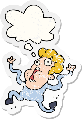 Düşünce baloncuğu olan karikatür, bir insan tarafından çizilmiş yıpranmış bir çıkartma gibi dehşete düşmüştü.