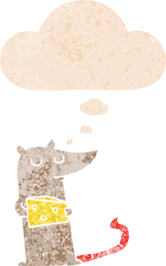 Düşünce baloncuklu peynirli çizgi film faresi grunge sıkıntılı retro desenli bir insan tarafından çizilmiş