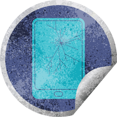 Kırık elektronik tablet. Bir insan tarafından çizilmiş dairesel soyma etiketi.