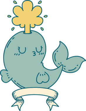 Dövme stili parşömen bir insan tarafından çizilmiş mutlu, fışkırtan balina karakteri