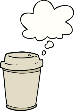 Bir insan tarafından çizilmiş düşünce baloncuklu kahve fincanı.