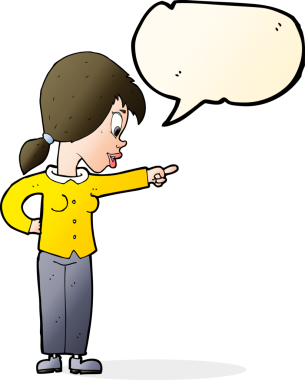 Bir insan tarafından çizilmiş konuşma balonunu işaret eden karikatürist hevesli kadın.