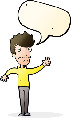 Çizgi filmdeki endişeli adam bir insan tarafından çizilmiş konuşma balonuyla uzanıyor.