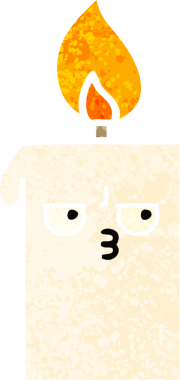 Bir insan tarafından çizilmiş yanan bir mumun retro çizim tarzı karikatürü