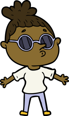 Bir insan tarafından çizilmiş güneş gözlüğü takan çizgi film kadını.