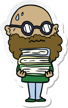 Çizgi film çıkartması sakallı endişeli bir adam ve bir insan tarafından çizilmiş bir yığın kitap.