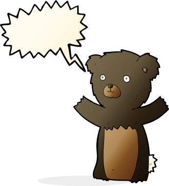 Bir insan tarafından çizilmiş konuşma balonu olan sevimli çizgi film kara ayısı.