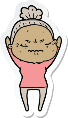 Çizgi film çıkartması. Bir insan tarafından çizilmiş yaşlı bir kadın.