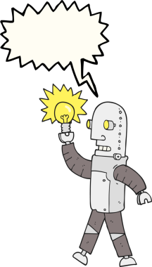 Bir insan tarafından çizilmiş ampullü serbest konuşma balonu çizgi film robotu.