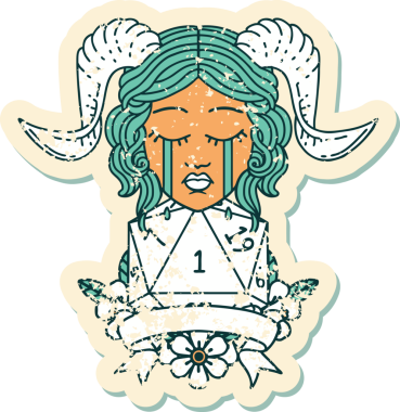 Retro Dövme Tarzı Ağlama Yüzü Doğal 1 D20 Dice ile Bir insan tarafından çizilmiş