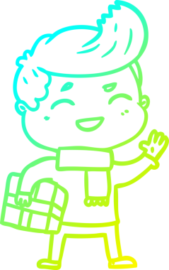 Bir insan tarafından çizilmiş paketle gülen çizgi film karakterinin soğuk gradyan çizimi