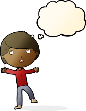 Bir insan tarafından çizilmiş düşünce balonu olan mutlu çocuk çizgi filmi.