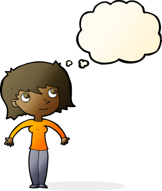 Bir insan tarafından çizilmiş düşünce baloncuğuyla omuz silken çizgi film kadını.