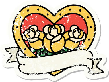 Geleneksel bir kalp stili ve insan tarafından çizilmiş çiçekli pankart dövmesi.