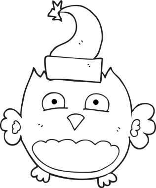 Bir insan tarafından çizilmiş Noel şapkası giyen siyah beyaz bir baykuş çizildi.