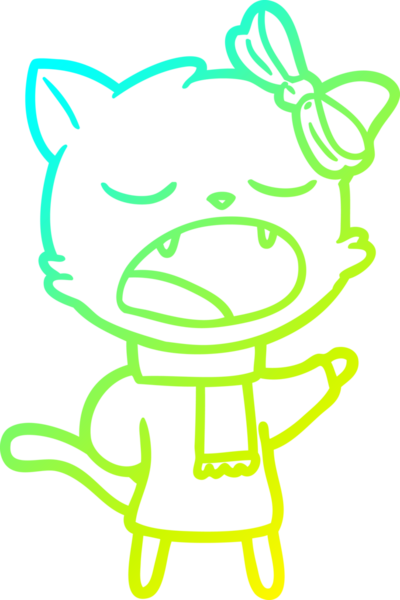 Bir insan tarafından çizilmiş kışlık giysiler içindeki çizgi film kedisi çizimi.